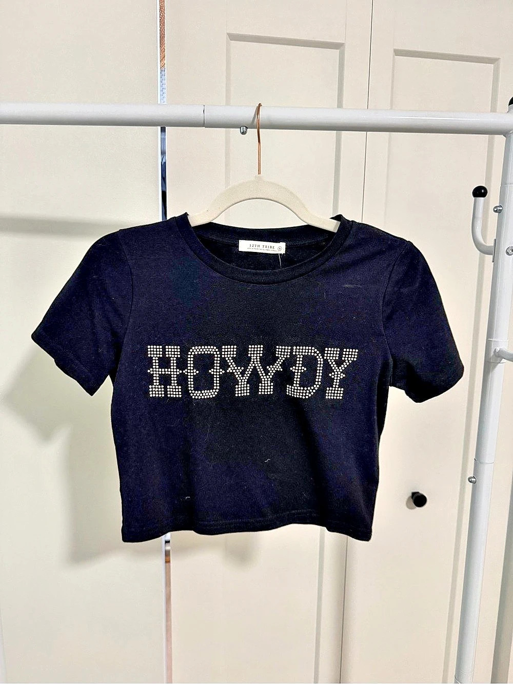 12TH TRIBE Howdy Rhinestone Crop Top Black Size Small